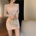 Long-sleeve Mini Bodycon Dress Almond - One Size