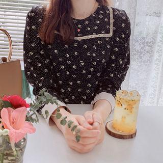 Contrast-trim Floral Print Top Black - One Size