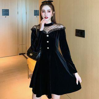 Long-sleeve Dotted Mesh Panel Mini A-line Velvet Dress