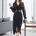 Set: Long-sleeve Lace Panel Midi Sheath Dress + Belt