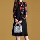 Long-sleeve Printed Tie Collar A-line Dress