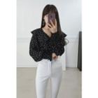 Petite Size Ruffle-collar Smocked-trim Dotted Blouse