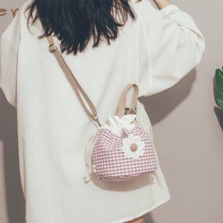 Flower Applique Plaid Canvas Bucket Bag