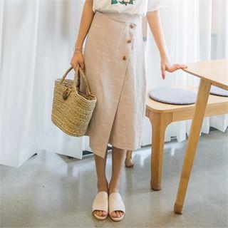 Button-detail Wrap-front Linen Blend Skirt Mustard Yellow - One Size