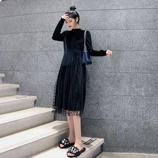 Long-sleeve Dotted Panel Corduroy Midi Dress