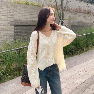 V-neck Dip-back Pointelle-knit Top