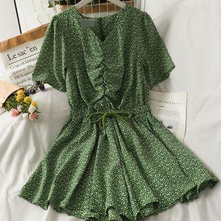 Drawstring-waist Ruched Floral Playsuit