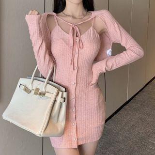Spaghetti Strap Ribbed Knit Dress / Crop Cardigan