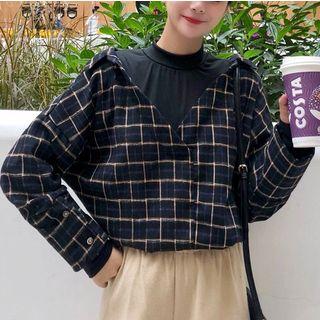 Mock Neck Mock Two Piece Check Top