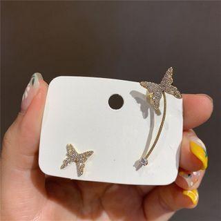 925 Sterling Silver Asymmetric Rhinestone Butterfly Stud Earring 1 Pair - Silver Needle - As Shown In Figure - One Size