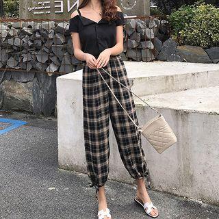 Set: Short-sleeve Cold Shoulder Shirt + Plaid Cropped Harem Pants