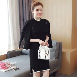 Set: Contrast Trim Sleeveless Knit Dress + Cardigan