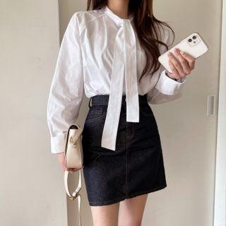 Scarf-neck Slit-cuff Blouse