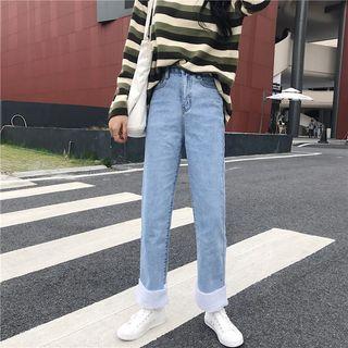 Fleece Trim Panel Wide-leg Jeans