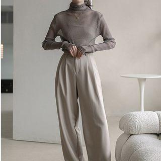 Long-sleeve Turtleneck Glitter Mesh Top