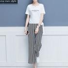 Set: Lettering Short Sleeve T-shirt + Striped Cropped Straight Cut Pants