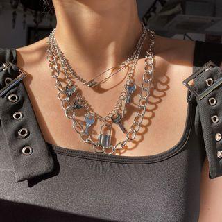 Alloy Lock & Key Pendant Layered Choker Necklace 0416 - Silver - One Size