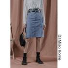 Dual-waistline Denim Midi Skirt With Belt