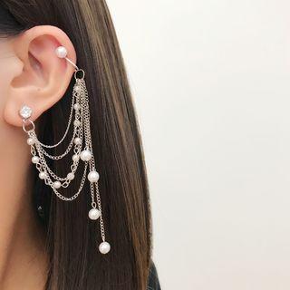 Faux Pearl Earcuff Chain Earring 1 Pc - Silver - One Size