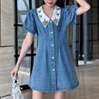 Collared Short-sleeve Denim A-line Dress