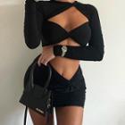 Set: Long-sleeve Cutout Knotted Crop T-shirt + Low Waist Pencil Skirt