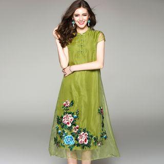 Cap-sleeve Embroidery Silk Midi Dress