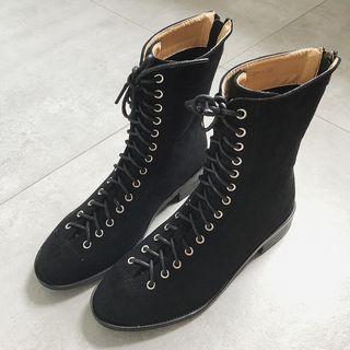 Faux Suede Lace Up Combat Mid-calf Boots