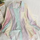 Patchwork Striped Loose Shirt Purple - One Size