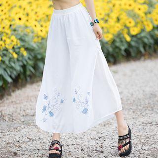 Embroidered Wide-leg Pants White - One Size