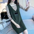 Set: Striped Long-sleeve T-shirt + V-neck Sleeveless Knit Dress