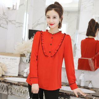 Contrast Trim Frilled Blouse / Boot-cut Pants