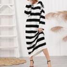 Long-sleeve Striped Maxi Knit Dress Black & White - One Size