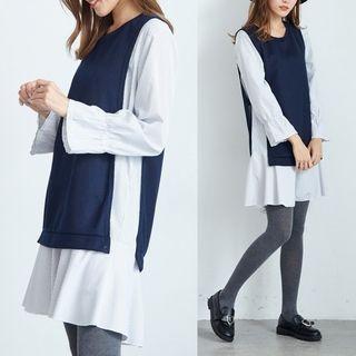 Set: Ruffled Hem Striped Dress + Slit-side Vest Blue - One Size
