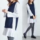 Set: Ruffled Hem Striped Dress + Slit-side Vest Blue - One Size