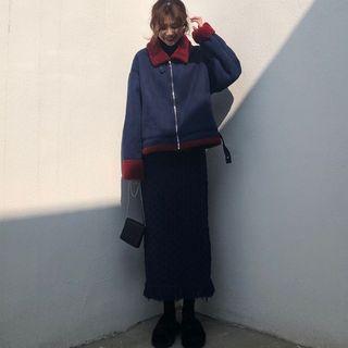 Color Block Cropped Wool Jacket/ Cable-knit Skirt