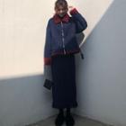 Color Block Cropped Wool Jacket/ Cable-knit Skirt