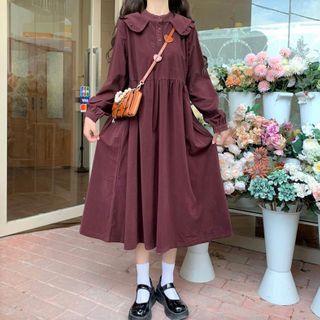 Puff-sleeve Midi A-line Dress Wine Red - One Size