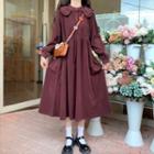 Puff-sleeve Midi A-line Dress Wine Red - One Size