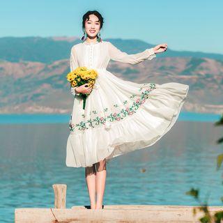 Long-sleeve Floral Embroidery A-line Midi Dress