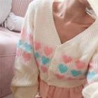 Heart Print Long-sleeve Crop Knit Cardigan