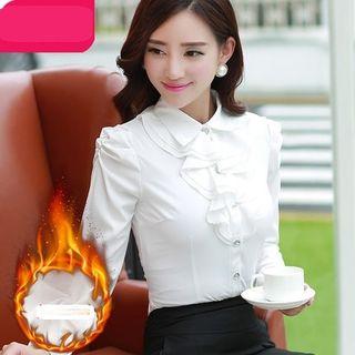 Frill Trim Fleece-lined Long-sleeve Blouse