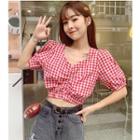 Puff-sleeve Crinkled Gingham Cropped Top