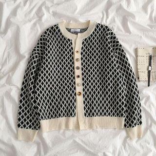 Contrast Trim Plaid Cardigan Black - One Size