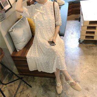 Short-sleeve Stand-collar Dotted Dress