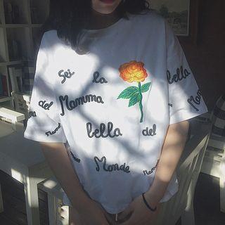 Flower Embroidered Lettering Short Sleeve T-shirt