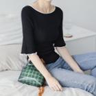 Contrast-trim Elbow-sleeved Knit Top