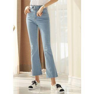 Belted Distressed Boot-cut Jeans