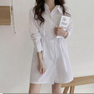 Plain Mini Shirtdress / V-neck Knit Vest