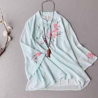 Long-sleeve Floral Embroidered Frog-buttoned Chiffon Top