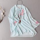 Long-sleeve Floral Embroidered Frog-buttoned Chiffon Top